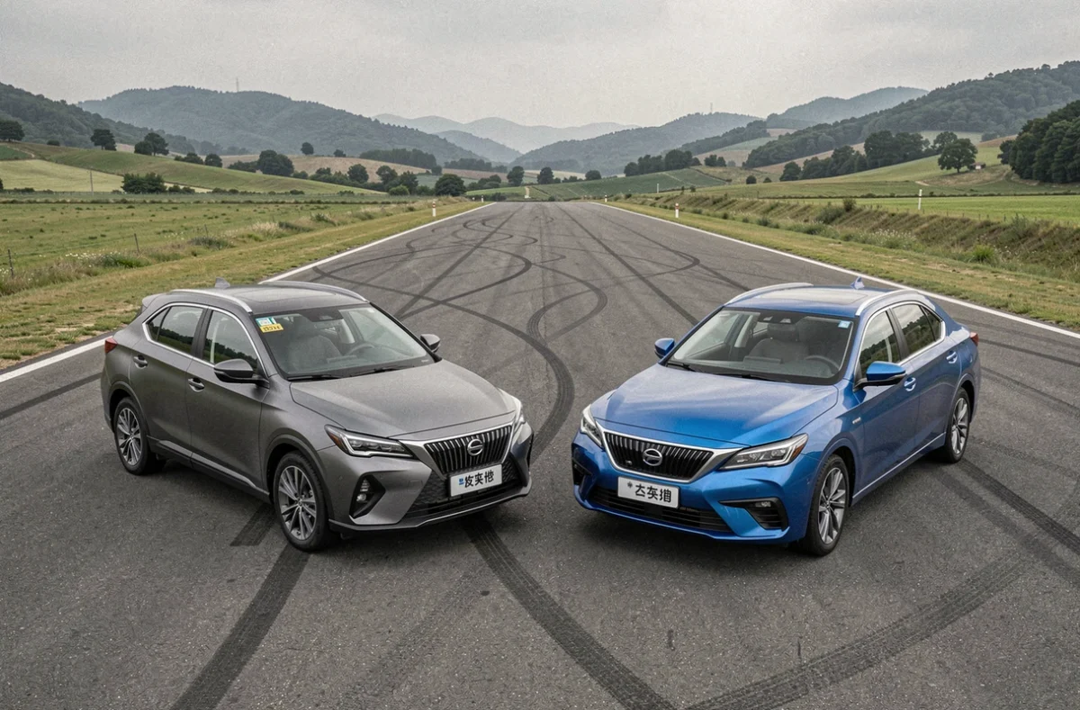 Deux voitures hybrides rechargeables chinoises côte à côte sur une piste d'essai en zone rurale pour un comparatif automobile