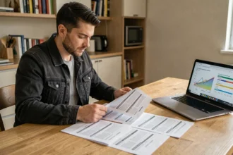 Homme comparant des devis d'assurance moto sur papier à table