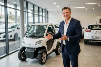 Concessionnaire de voitures sans permis professionnel présentant un véhicule dans un showroom moderne