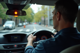 Homme au volant regardant feu orange dans une voiture moderne