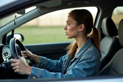Jeune conductrice sur permis probatoire au volant d'une voiture, regard concentré sur le tableau de bord avec le compteur de vitesse visible