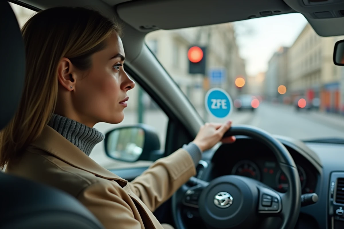 Conductrice en zone à faibles émissions regardant la vignette Crit'Air sur son pare-brise