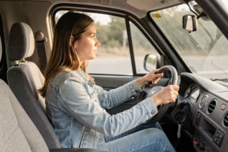 Jeune femme conduisant une voiture sans permis, vue de l'intérieur du véhicule