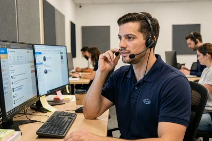 Conseiller du service client pieceauto24 au téléphone devant un écran affichant des pièces automobiles