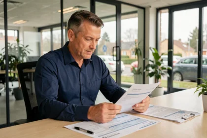 Homme consultant un contrat d'assurance auto dans une agence moderne en banlieue parisienne