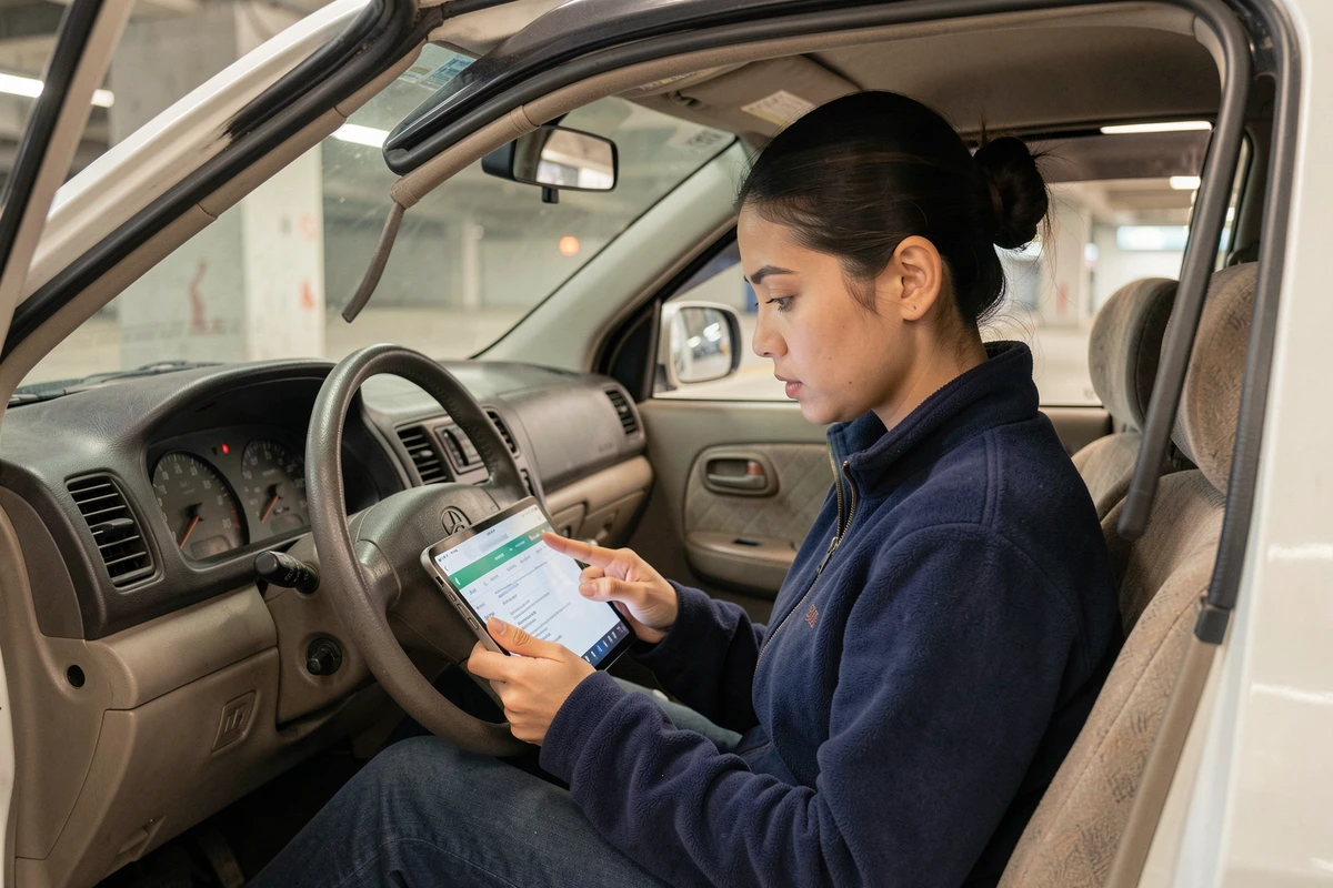 Femme consultant un rapport d'historique CarVertical sur tablette dans une voiture importée japonaise