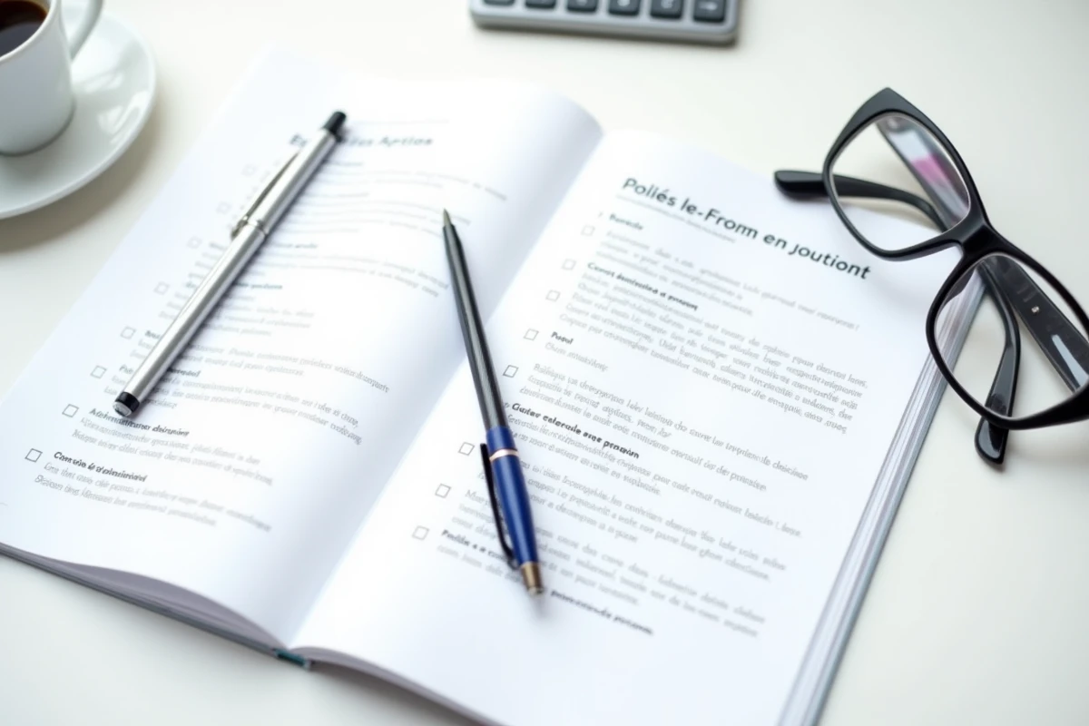 Flat lay d'un contrat d'assurance auto Qlara avec checklist d'options, stylo et calculatrice sur bureau blanc