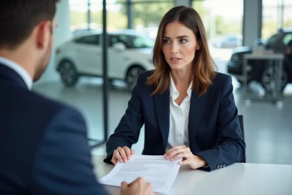 Femme examinant un contrat de leasing voiture à 59 euros par mois sans apport dans une concession automobile