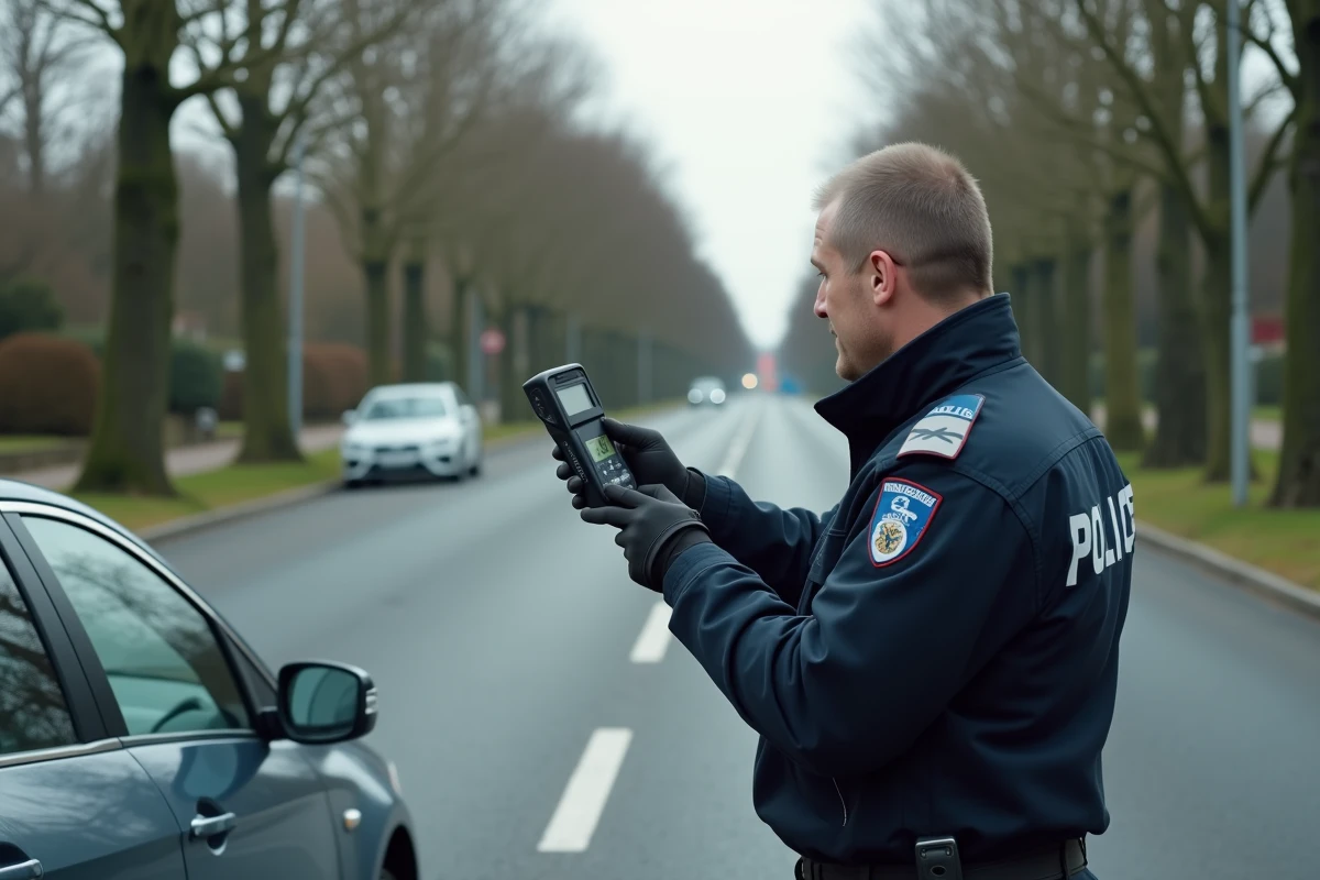 Policier contrôlant la vitesse d'un véhicule avec un radar sur une route suburbaine dans le cadre du contrôle du permis probatoire