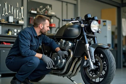 Mécanicien professionnel réalisant un contrôle technique moto dans un garage d'inspection agréé