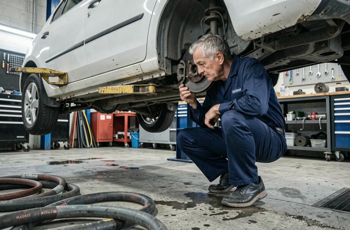 Mécanicien inspectant le dessous d'une voiture essence sur un pont élévateur dans un garage