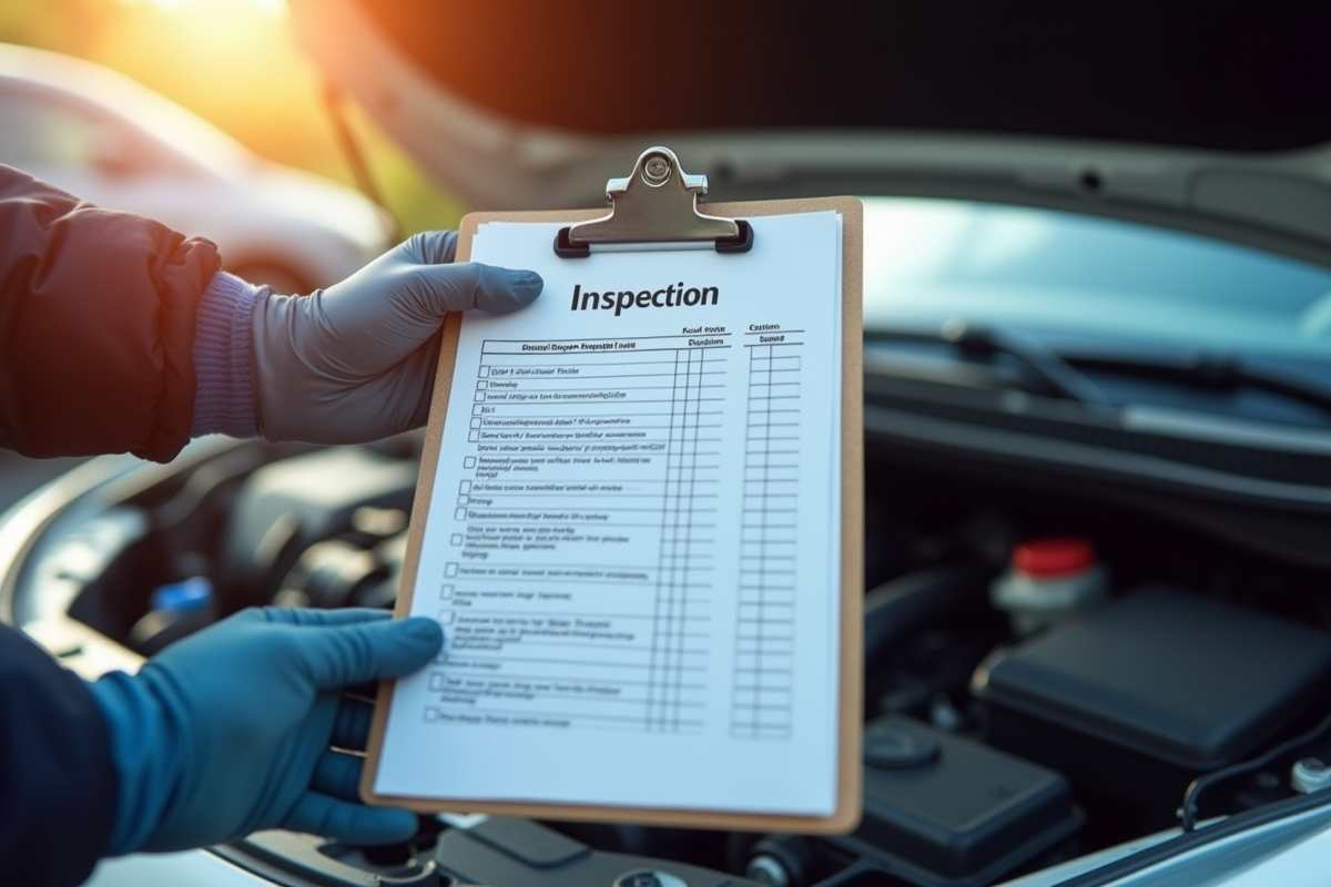 Contrôle technique automobile avec une checklist et moteur ouvert