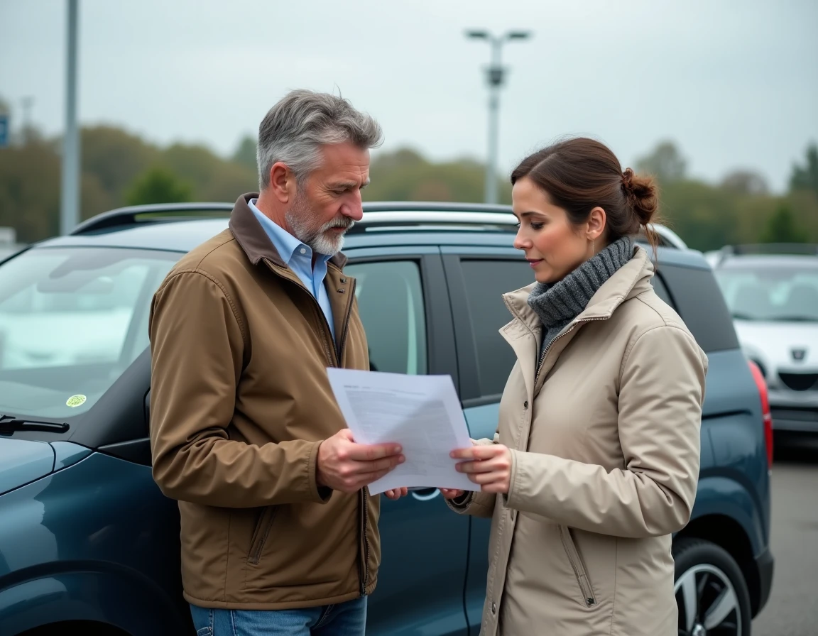 Couple examinant les documents d'un Peugeot Rifter d'occasion dans un parking de concessionnaire automobile