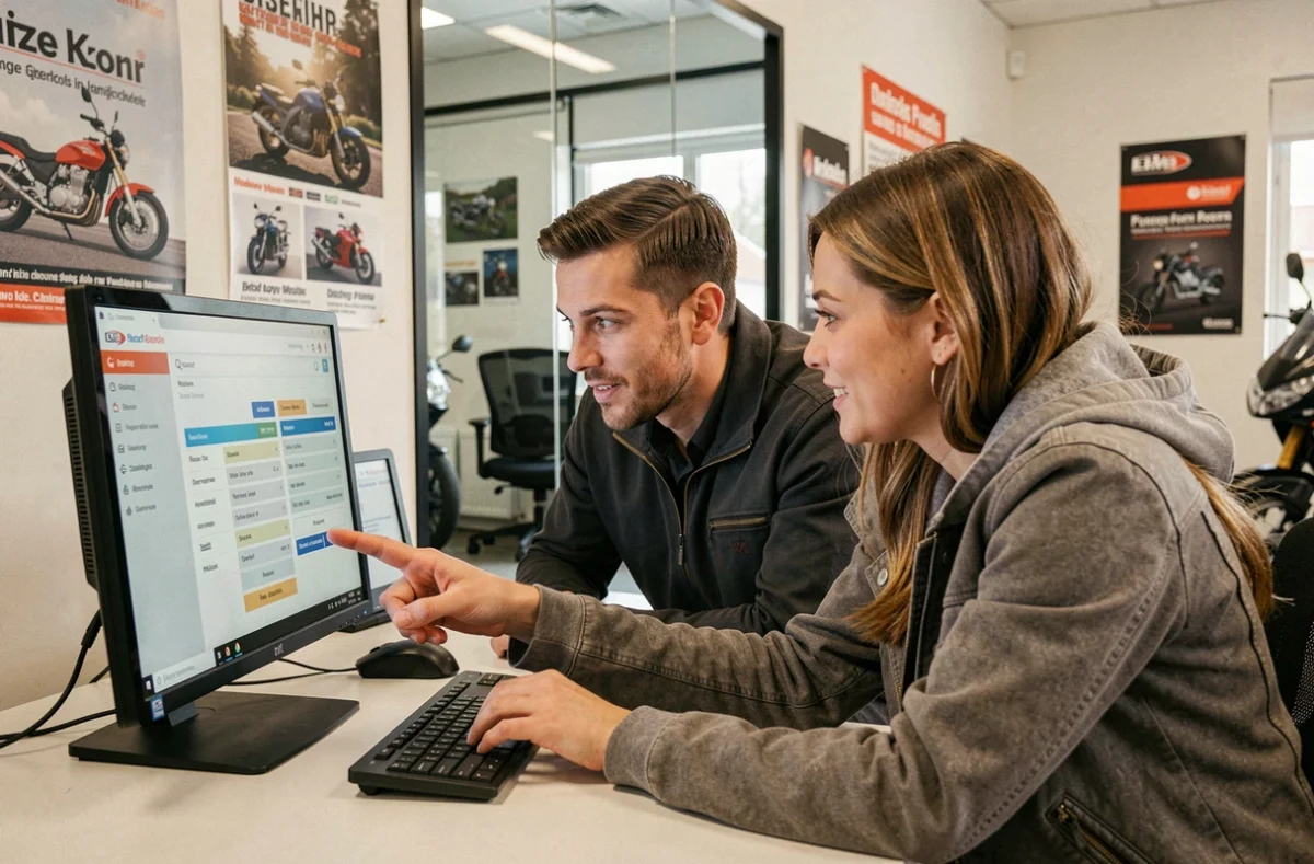 Couple en agence comparant les tarifs d'assurance moto avec un conseiller