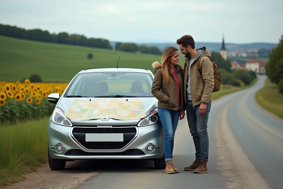 Couple planifiant leur road trip en France avec une carte autoroutière dépliée sur le capot de leur voiture en campagne