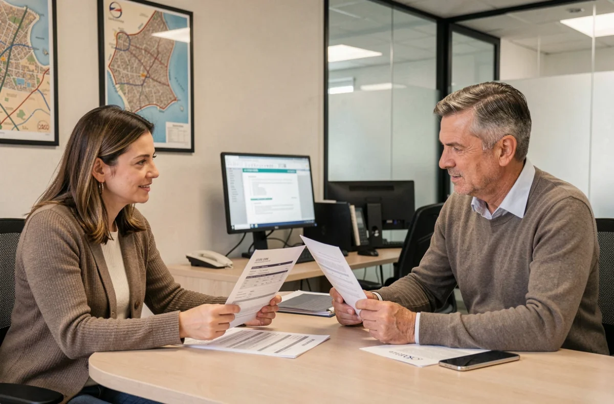 Couple discutant d'une offre d'assurance auto avec un conseiller dans une agence à Toulon