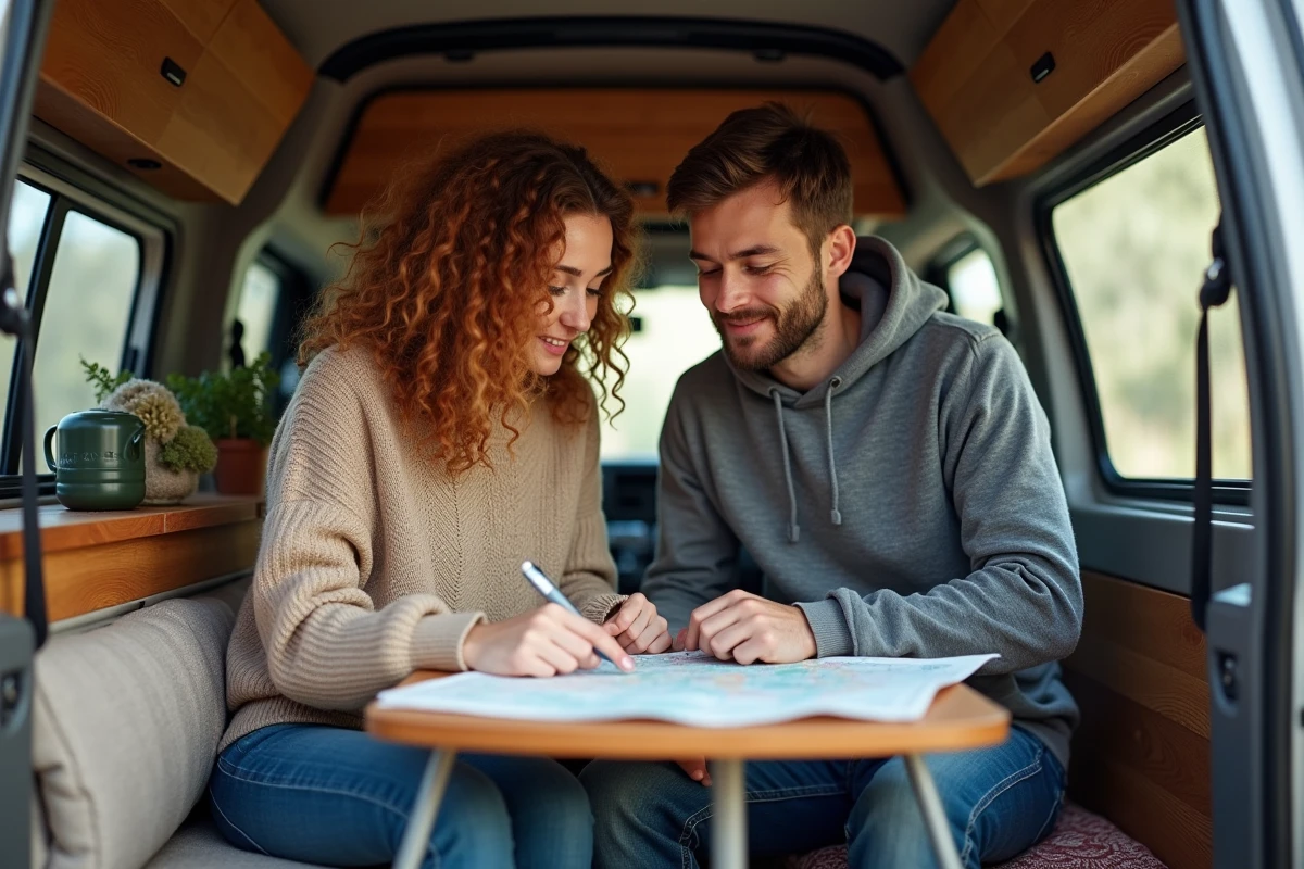 Couple consultant une carte routière à l'intérieur d'un Dacia aménagé en camping car, soulignant l'importance de bien planifier son itinéraire