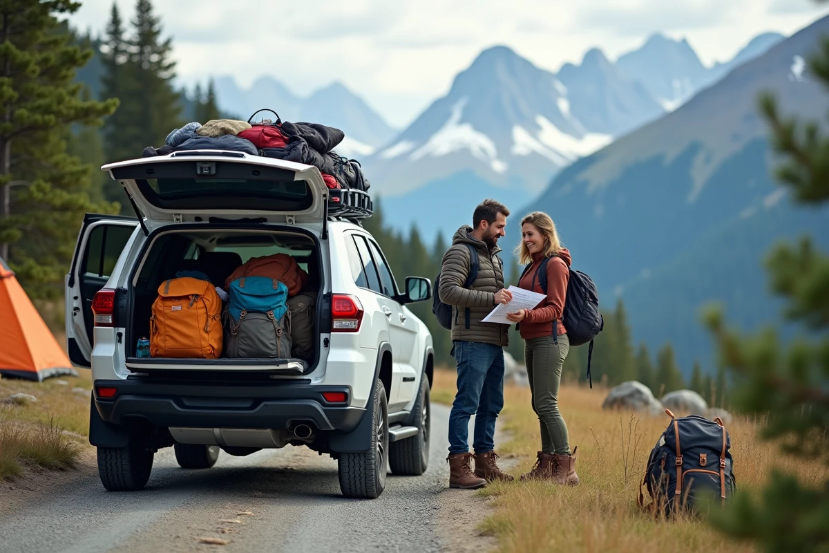 Couple organisant une randonnée près d un 4x4 en montagne
