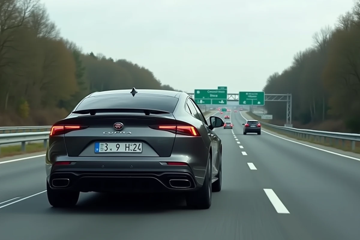 Cupra Formentor sur autoroute française vue depuis l'arrière avec circulation légère en arrière-plan