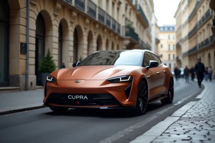 Cupra Formentor garée dans une rue urbaine pavée avec des bâtiments parisiens en arrière-plan