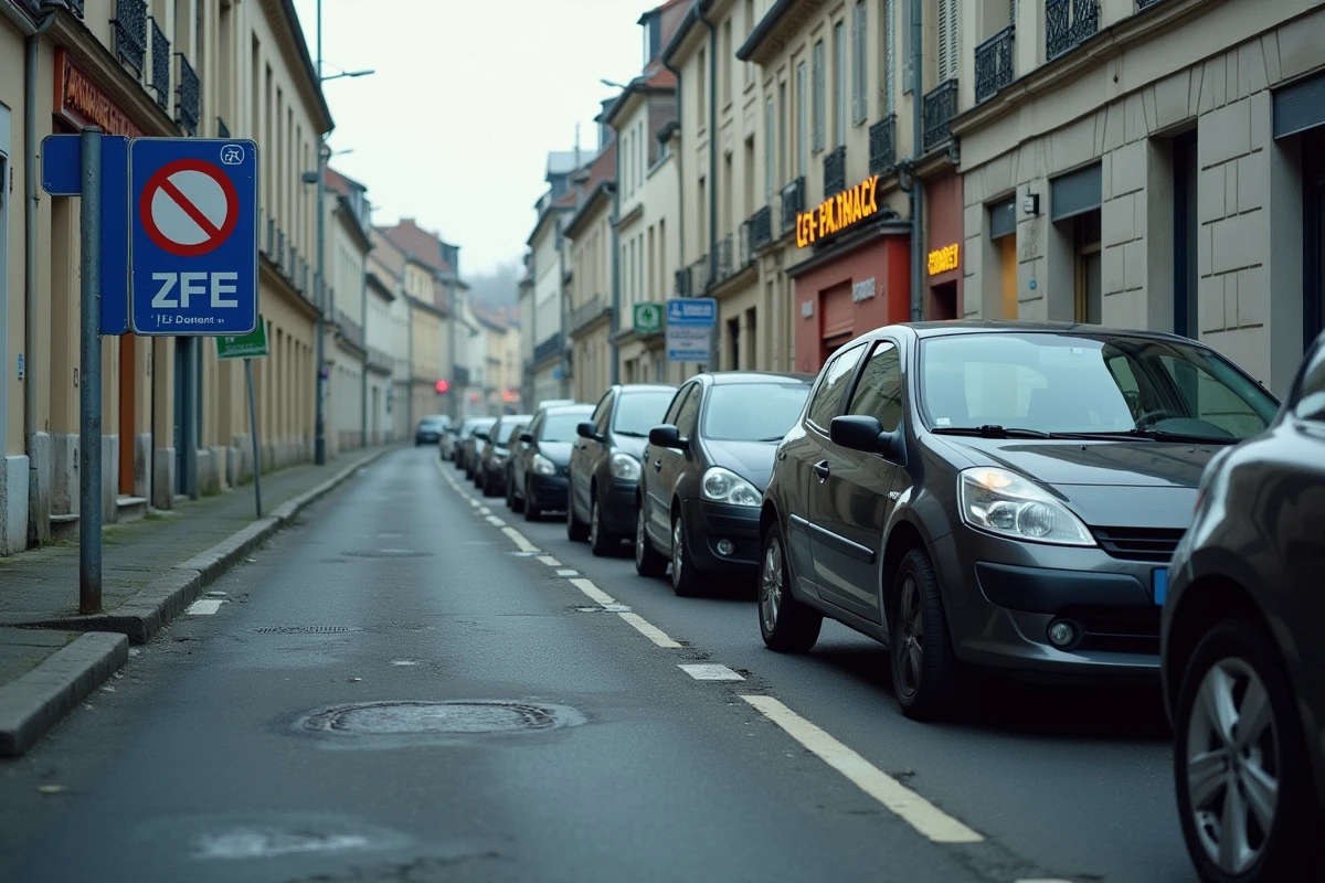 Borne de délimitation de zone à faibles émissions en ville française avec véhicules garés au petit matin