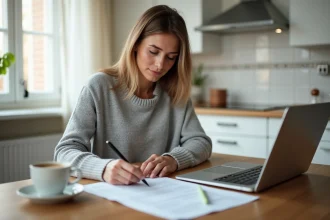 Femme remplissant une demande de carte grise en ligne sur ordinateur portable dans une cuisine
