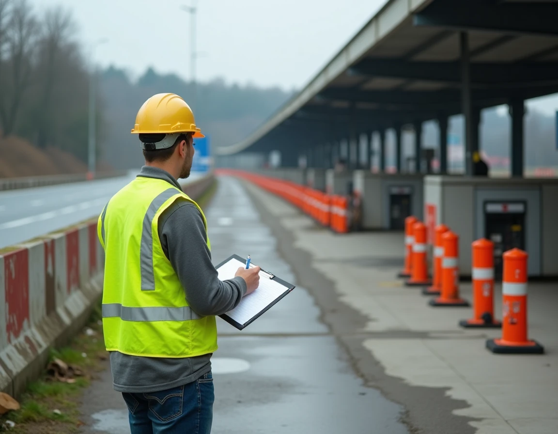 Ouvrier inspectant un péage autoroutier en cours de démantèlement, symbolisant la suppression des péages sur les autoroutes françaises
