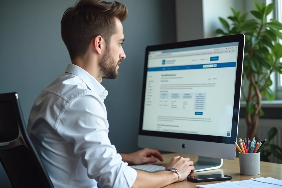Jeune homme effectuant une démarche de carte grise sur un site administratif depuis son bureau