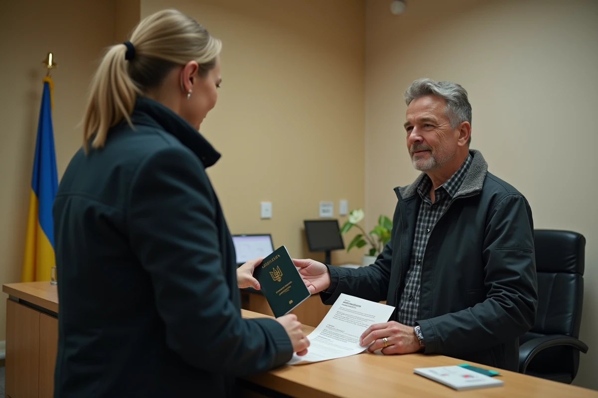 Homme déposant des documents pour immatriculer un véhicule ukrainien auprès d'un agent administratif