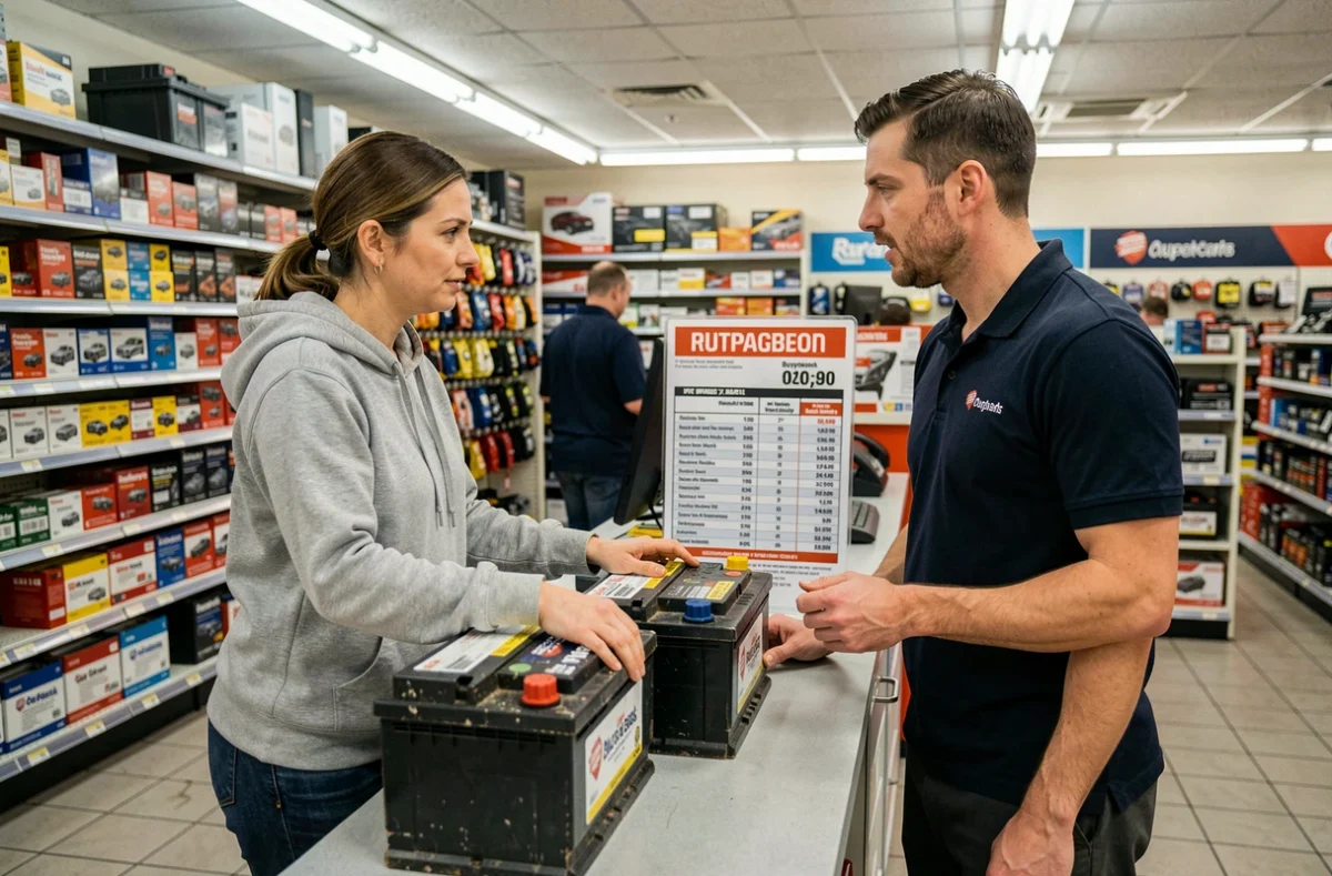 Femme déposant des batteries usagées au comptoir d'un magasin de pièces auto pour obtenir un remboursement