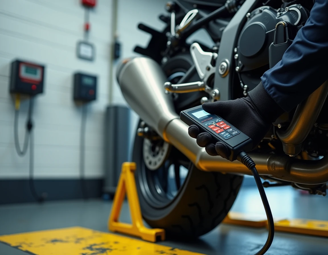 Détail technique d'un contrôle technique moto avec diagnostic électronique et inspection du pot d'échappement