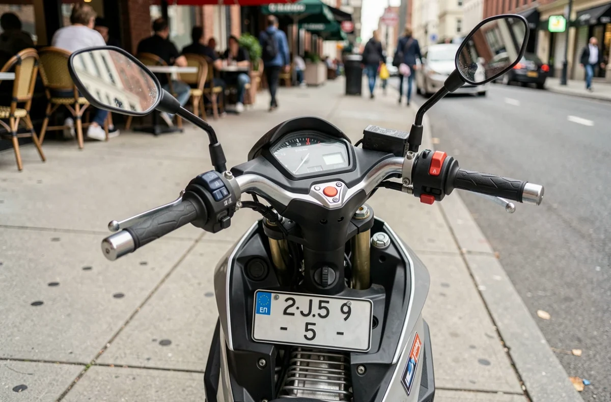 Détail d'une moto 125cc garée en ville, tableau de bord et guidon visibles