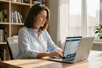 Femme obtenant un devis en ligne pour son assurance automobile sur un ordinateur portable