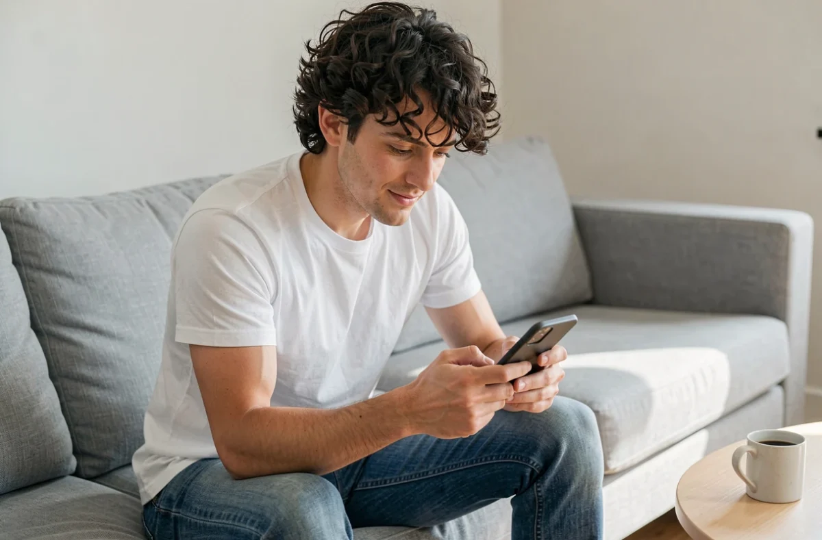 Jeune homme demandant un devis d'assurance auto gratuit sur son smartphone depuis son salon