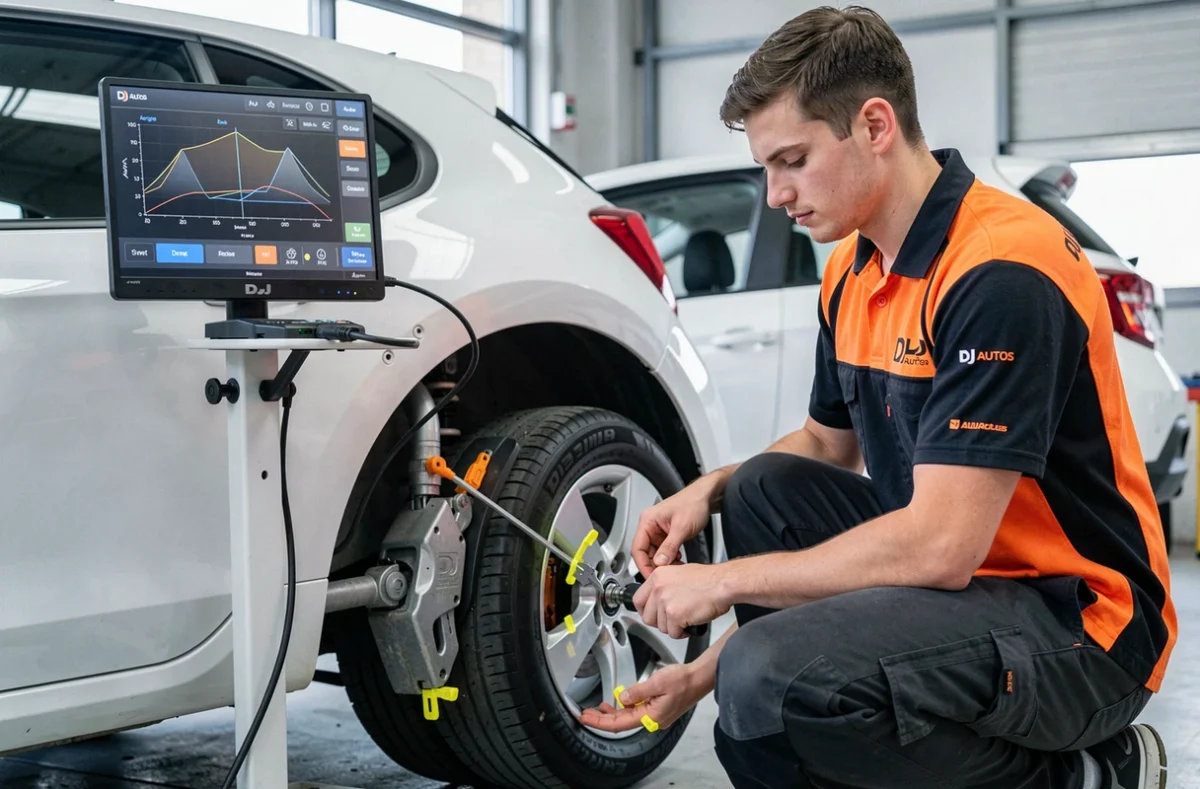 Technicien de DJ Autos effectuant un contrôle de géométrie de roues sur une voiture compacte dans un garage moderne