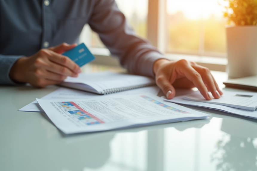Pile de documents d'immatriculation et carte bancaire en lumière naturelle