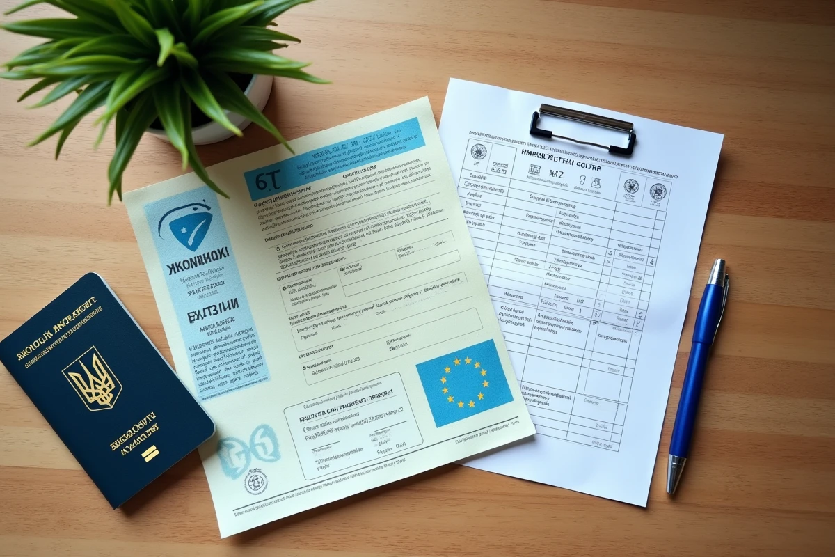Documents nécessaires pour immatriculer un véhicule ukrainien, certificat d'immatriculation et passeport posés sur un bureau en bois