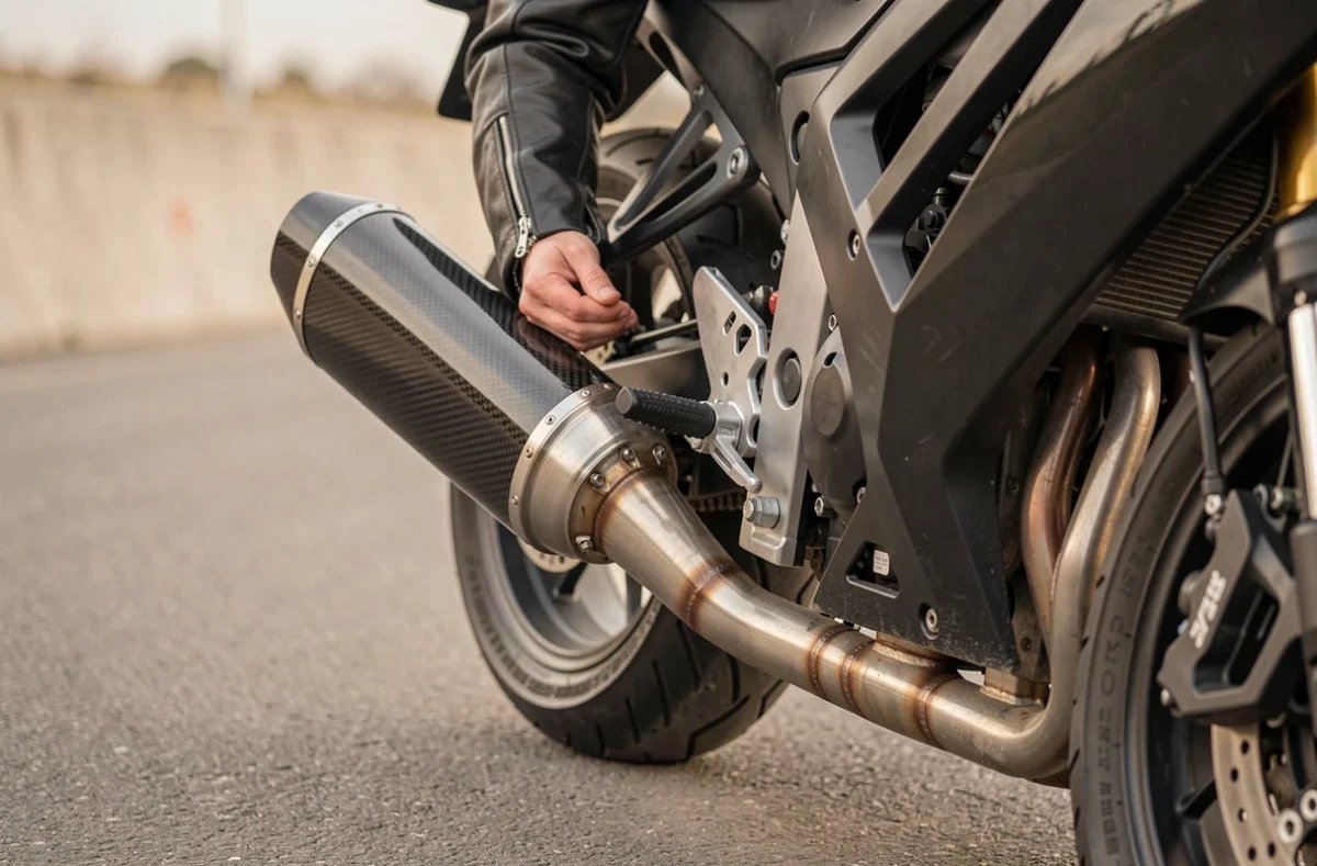 Système d'échappement aftermarket en acier inoxydable et fibre de carbone sur une Suzuki GSX 600 R