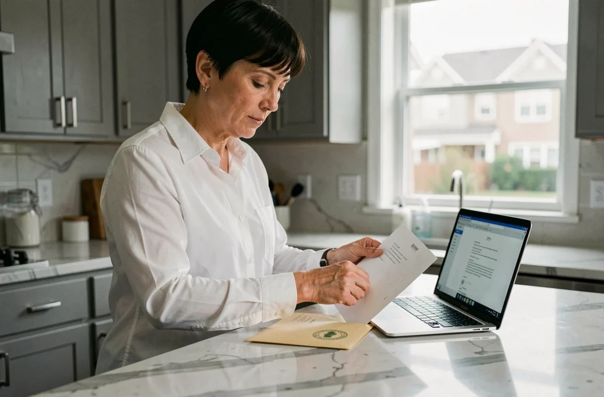 Femme glissant une lettre de résiliation d'assurance dans une enveloppe timbrée