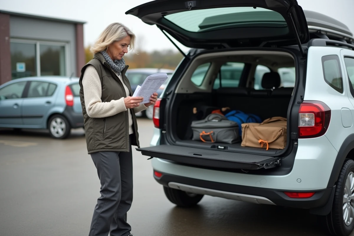 Femme comparant des documents de budget et de spécifications techniques devant une Dacia aménagée en camping car, illustrant les erreurs financières à éviter