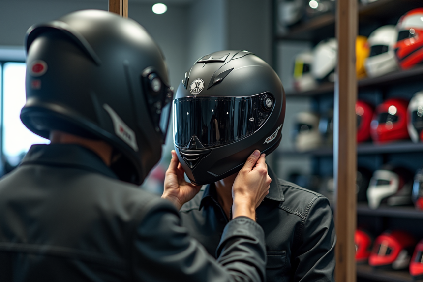Personne essayant un casque moto dans un magasin lumineux