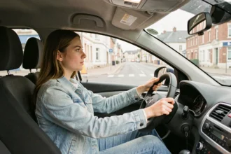 Jeune conductrice concentrée au volant d'une voiture de l'auto-école KERYADO Conduite à Lorient