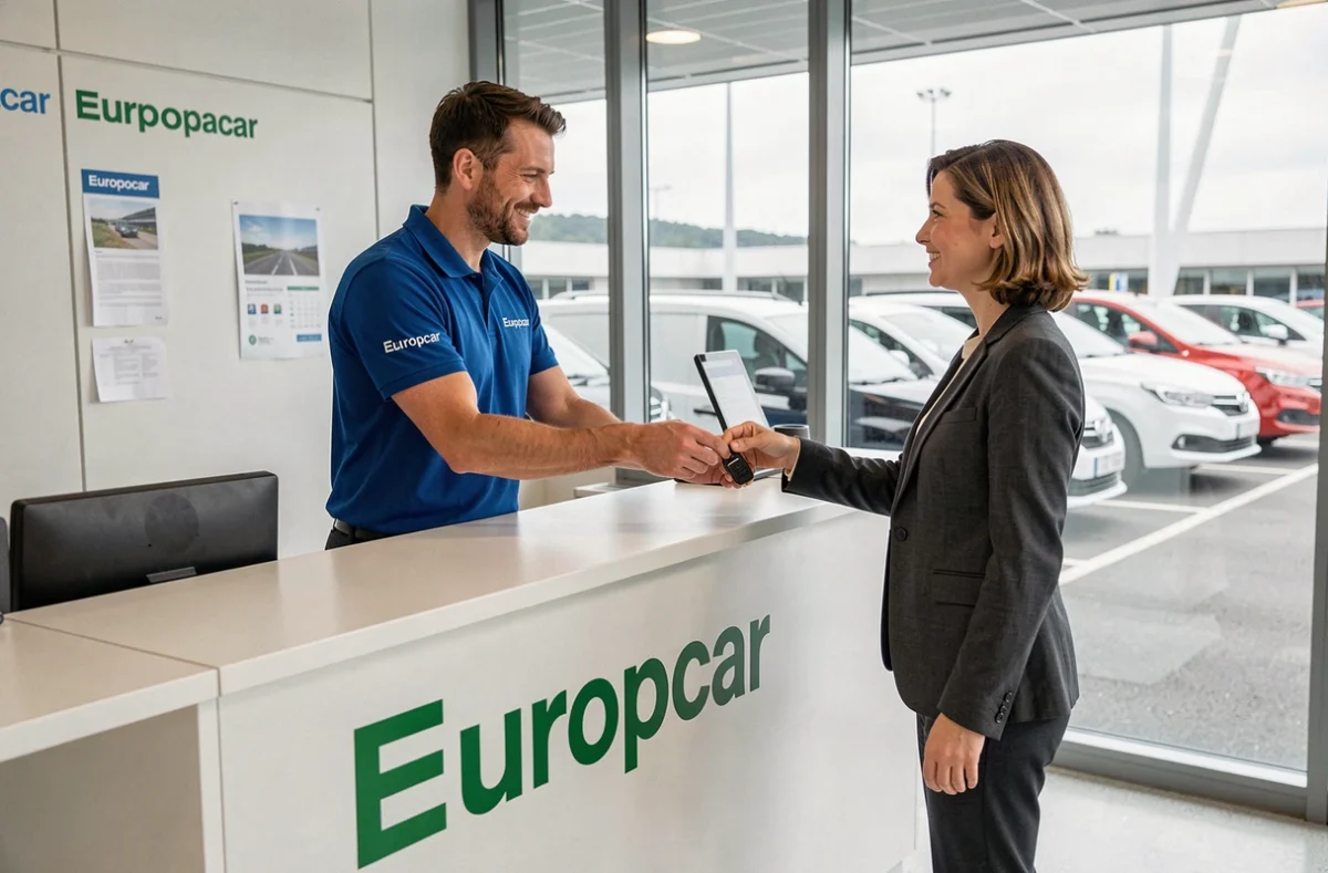 Agent Europcar remettant des clés de voiture à une cliente au comptoir d'une agence de location en Auvergne-Rhône-Alpes