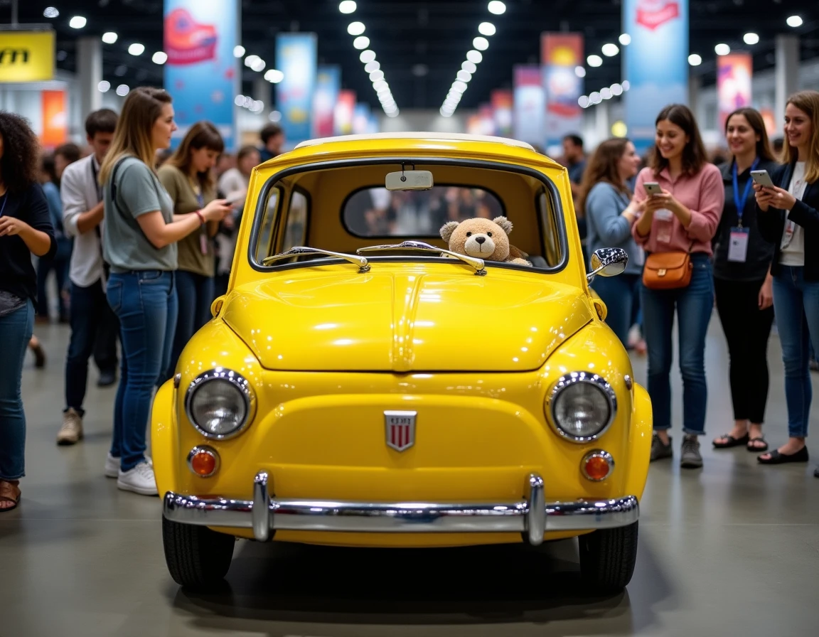 Réplique grandeur nature de la Mini jaune de Mr. Bean exposée dans un salon de culture pop entourée de fans enthousiastes