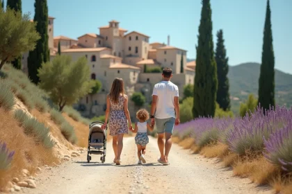 Famille avec enfants marchant depuis un parking vers le village des Baux-de-Provence sur un chemin de Provence