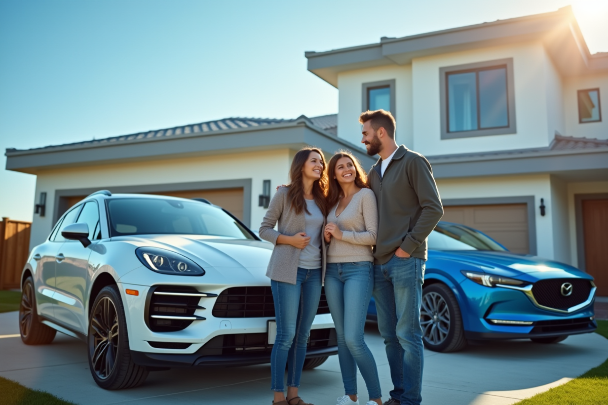 Famille heureuse devant leur nouvelle voiture brillante devant une maison moderne