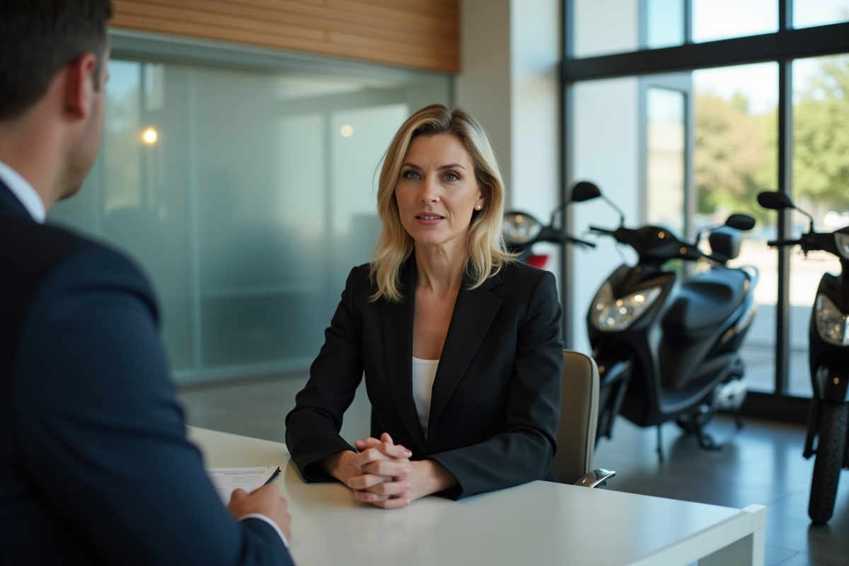 Femme d affaires consulte un vendeur dans un showroom moto