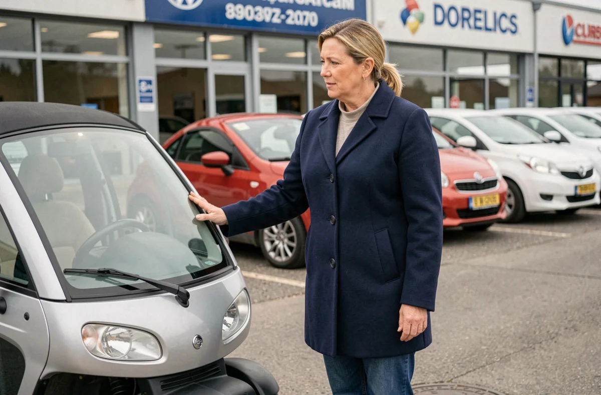 Femme examinant une voiture sans permis d'occasion dans un concessionnaire, conseils d'achat pour trouver un véhicule adapté à Auxerre