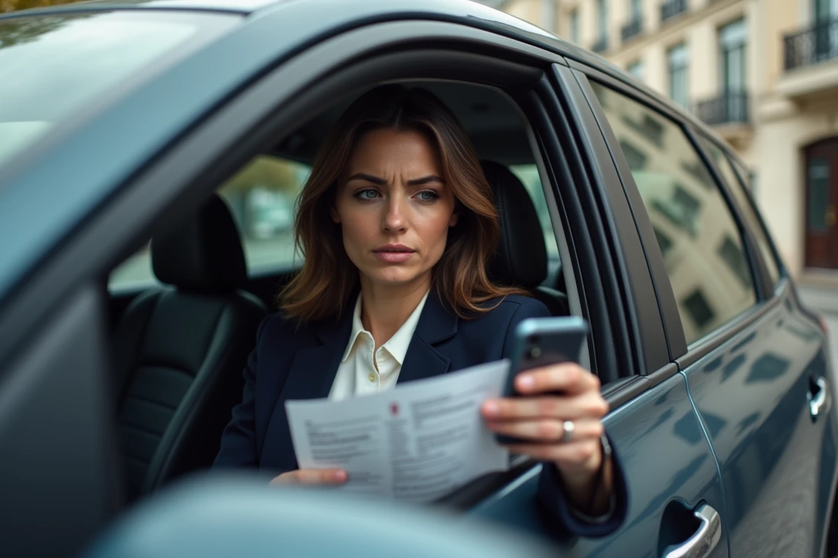 Femme consultant son smartphone après avoir reçu une amende, identifiée comme titulaire du véhicule via le fichier SIV