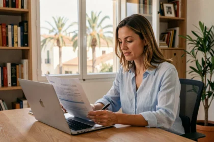 Femme consultant des documents d'assurance auto sur un ordinateur portable dans un bureau à domicile à Toulon